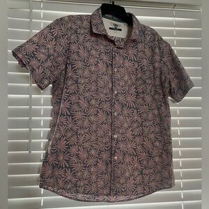 VISSLA Men's Button Down Shirt- Floral Pink, Gray and white with Skull 💀 Centers